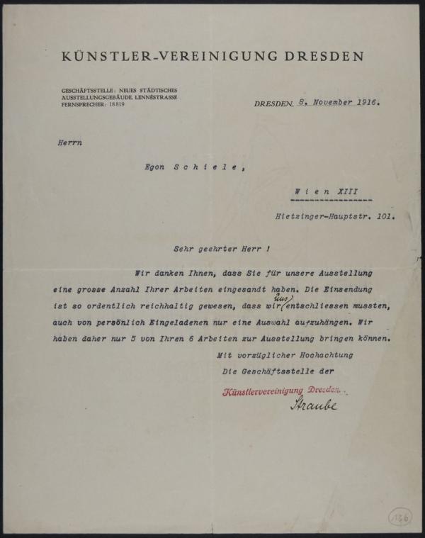 Maschinenschriftlicher Brief der Künstlervereinigung Dresden an Egon Schiele 