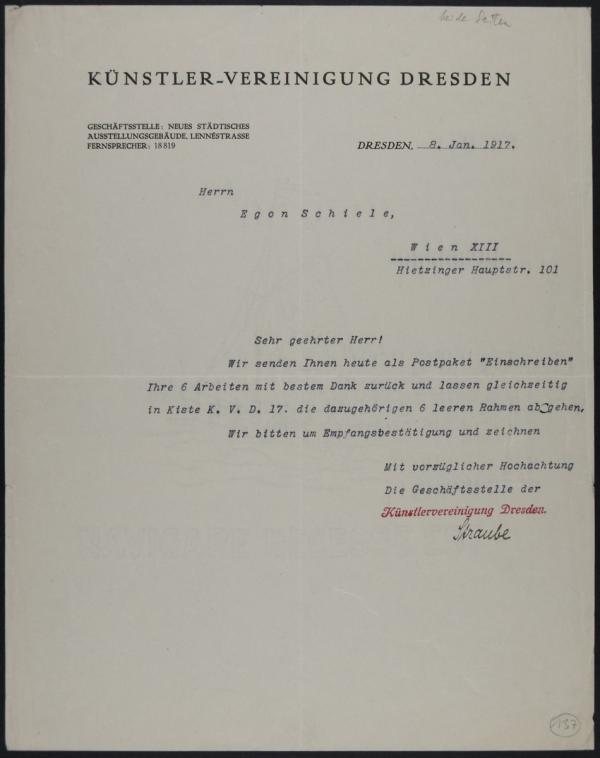 Maschinenschriftlicher Brief von Herrn Straube/Künstlervereinigung Dresden an Egon Schiele 