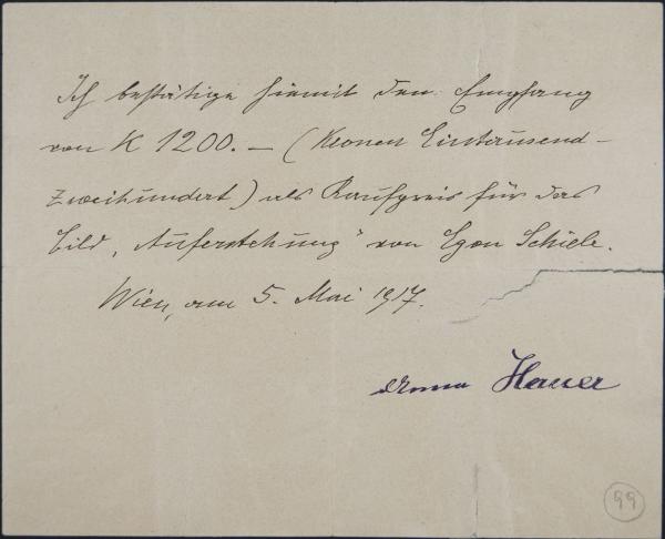 Bestätigung von Anna Hauer an Egon Schiele 
