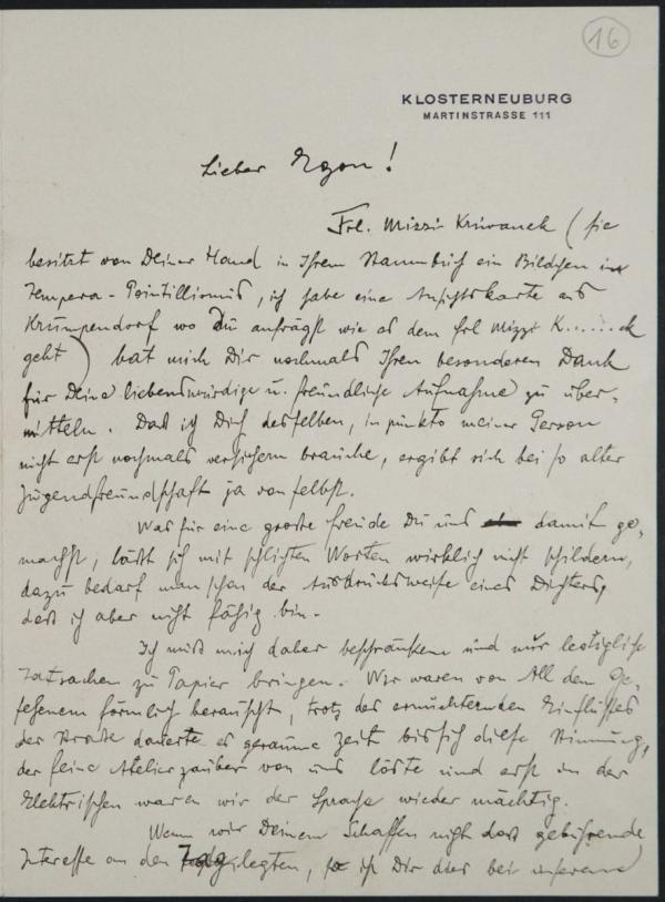 Brief von Max Karpfen an Egon Schiele 