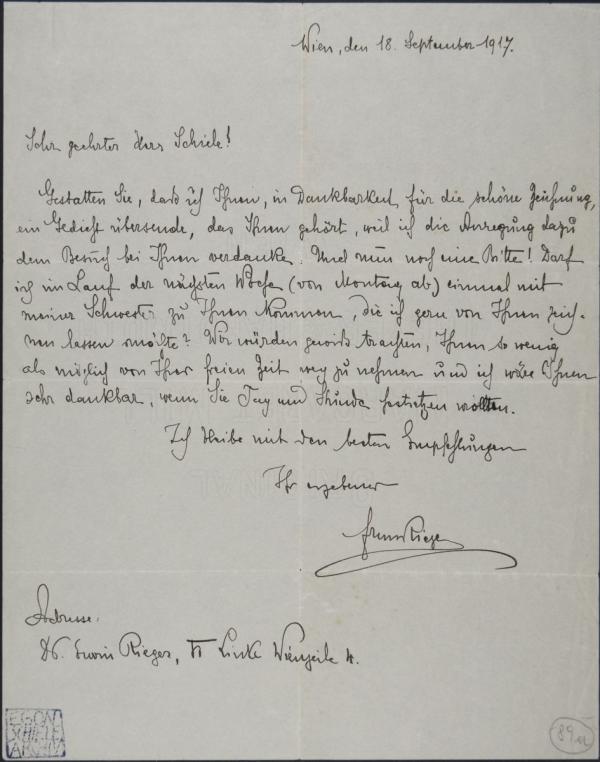 Brief von Erwin Rieger an Egon Schiele 