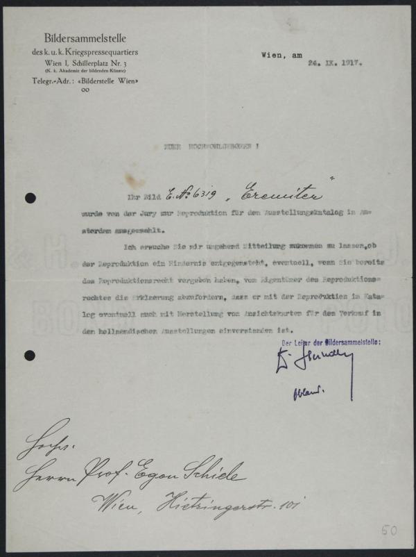 Typewritten letter/form from the Painting Collection Point of the Imperial-Royal War Press Office in Vienna to Egon Schiele 