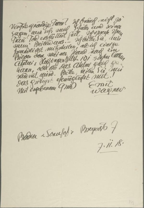 Kondolenzschreiben von Ernst Wagner an Josefine Harms zum Tod von Egon Schiele 