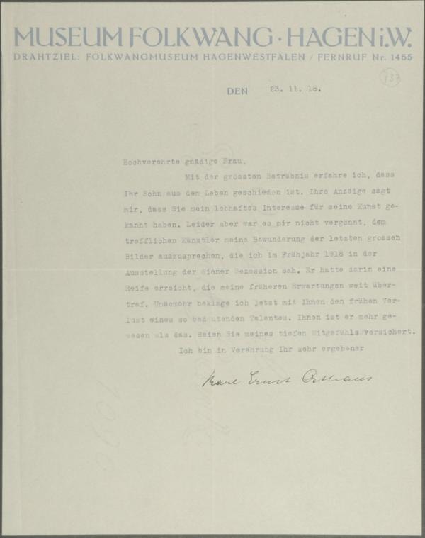Typewritten letter of condolence from Karl Ernst Osthaus/Folkwang Museum to Marie Schiele on Egon Schiele’s death 