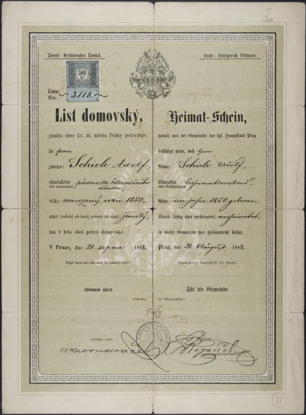 Adolf Schiele’s certificate of family origin for the municipality of Prague in the Kingdom of Bohemia 