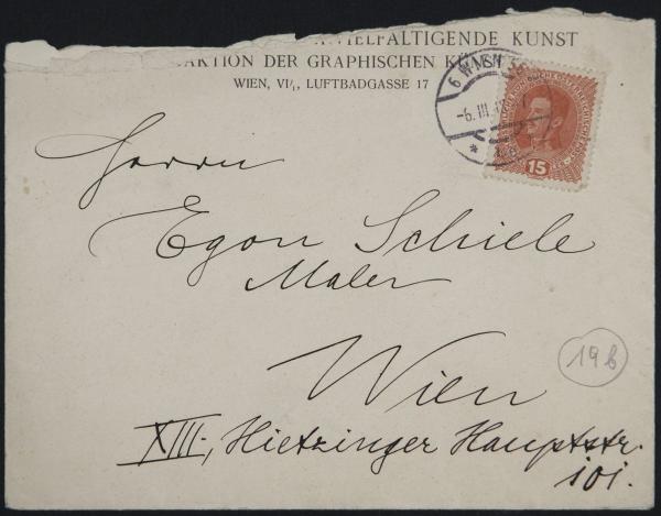 Kuvert der Gesellschaft für vervielfältigende Kunst an Egon Schiele 