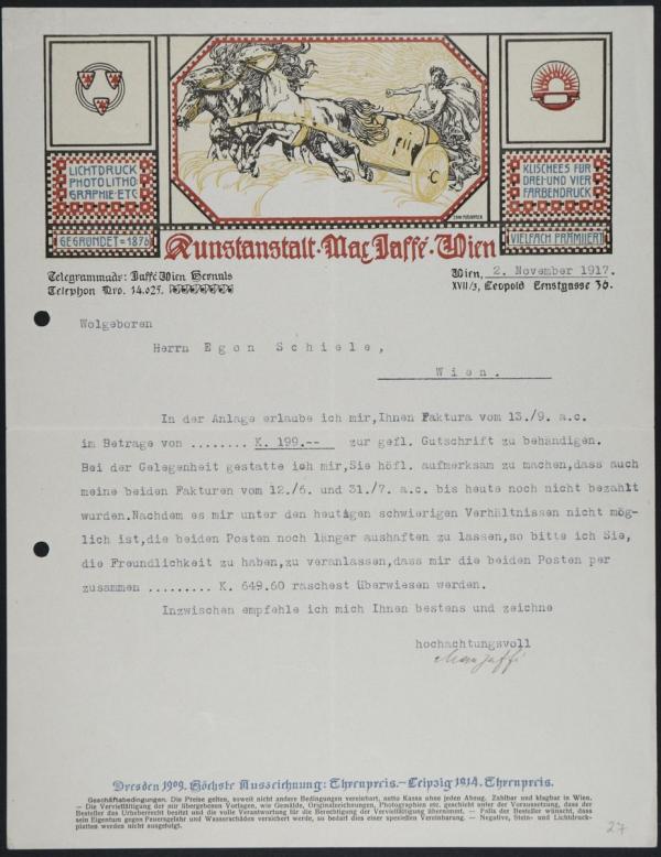 Maschinenschriftlicher Brief von Max Jaffé an Egon Schiele 