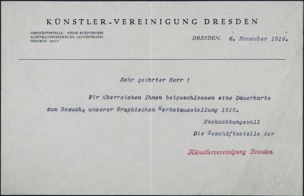 Maschinenschriftlicher Brief der Künstlervereinigung Dresden an Egon Schiele 