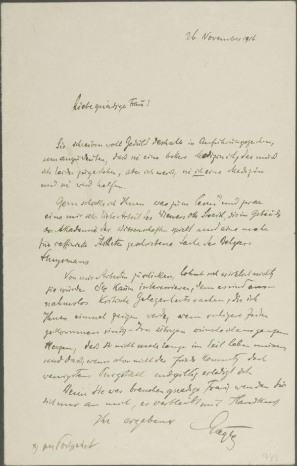 Brief von Leopold Liegler an Edith Schiele 