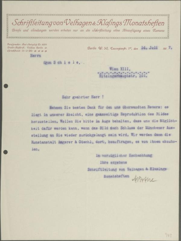 Typewritten letter from the editorial staff of the monthly magazine Velhagen & Klasings Monatshefte to Egon Schiele 