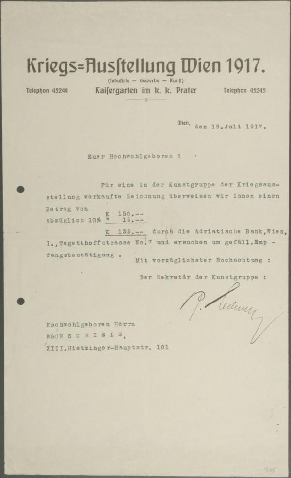 Brief von Rudolf Lechner/Kriegsausstellung an Egon Schiele 