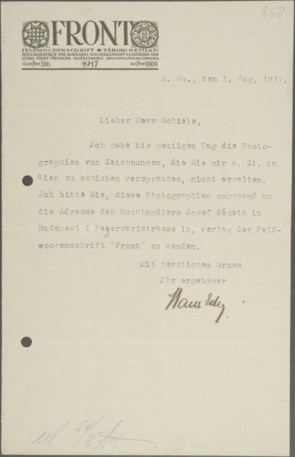 Typewritten letter from Hans Eder/weekly field magazine “Front” to Egon Schiele 