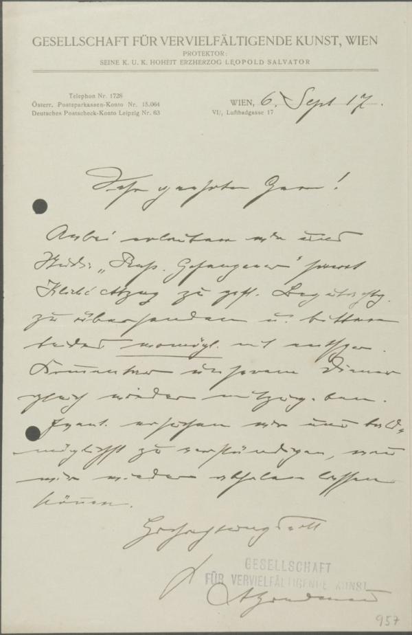 Brief von Artur Gradmann/Gesellschaft für vervielfältigende Kunst an Egon Schiele 