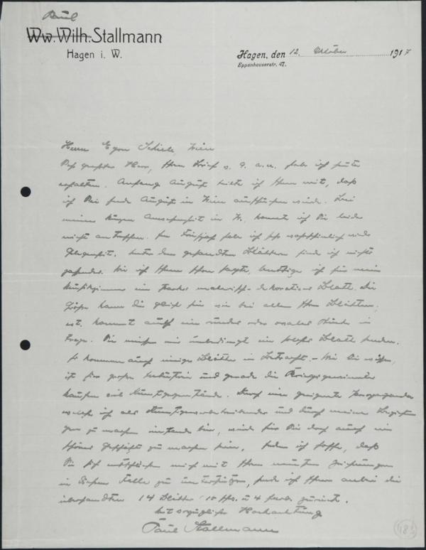 Brief von Paul Stallmann an Egon Schiele 