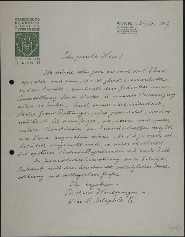 Brief von Richard Harlfinger/Wiener Secession an Egon Schiele 
