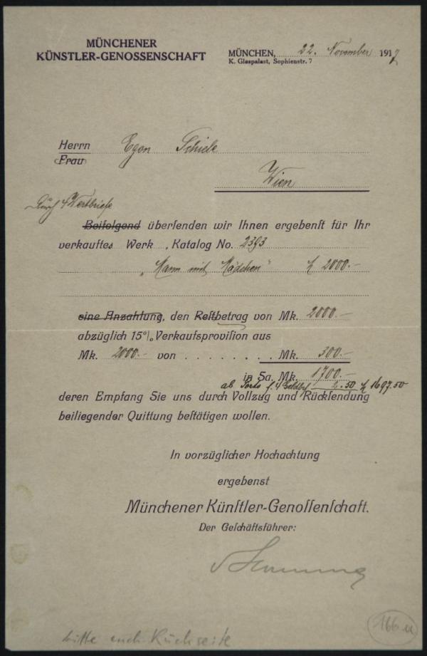 Confirmation of the Munich Artists’ Union to Egon Schiele with handwritten notes by Schiele 