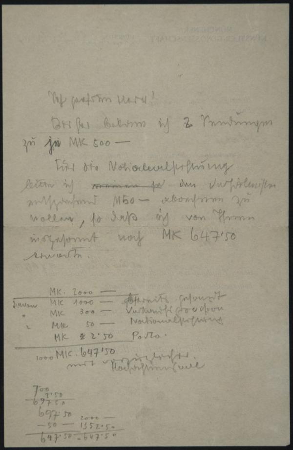 Bestätigung der Münchener Künstlergenossenschaft an Egon Schiele mit eh. Notizen von Schiele Bild 2