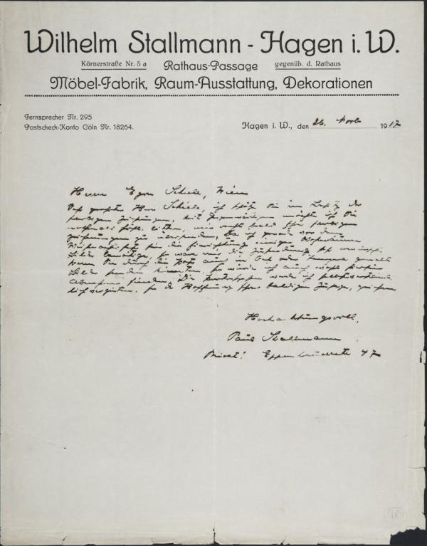 Brief von Paul Stallmann an Egon Schiele 