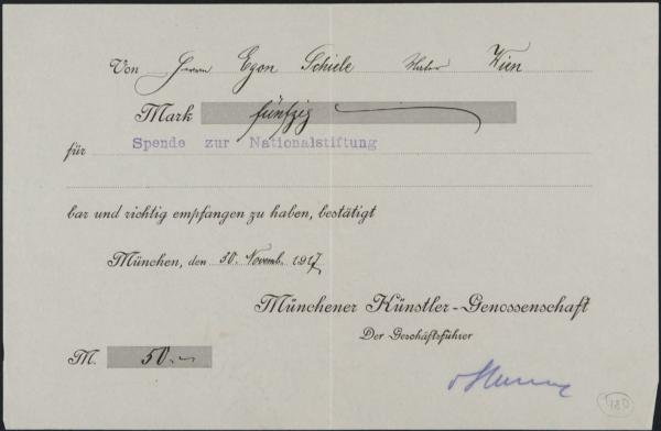 Bestätigung der Münchener Künstlergenossenschaft an Egon Schiele 