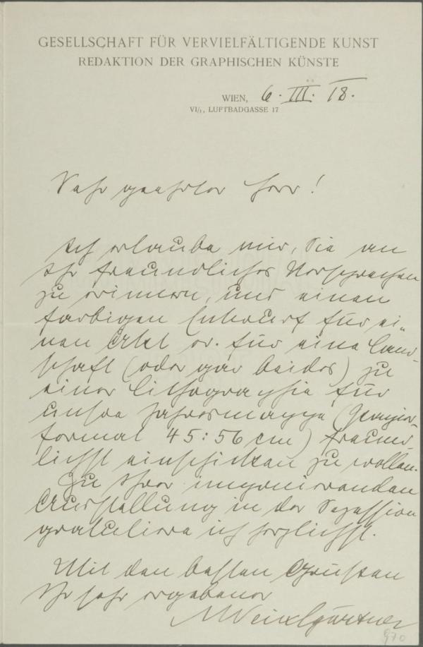 Letter from Arpad Weixlgärtner/Society for Reproductive Art to Egon Schiele 