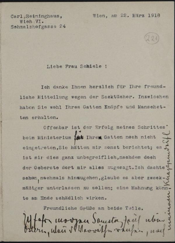 Maschinenschriftlicher Brief von Carl Reininghaus an Edith Schiele 