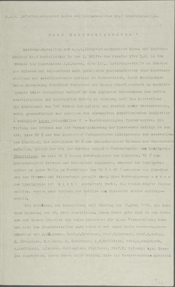 Typewritten letter from Johann Freiherr von Odelga-Zakány/Imperial-Royal infantry regiment to Egon Schiele 