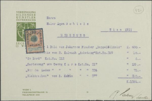 Typewritten invoice from Rudolf Lechner/Vienna Secession to Egon Schiele 