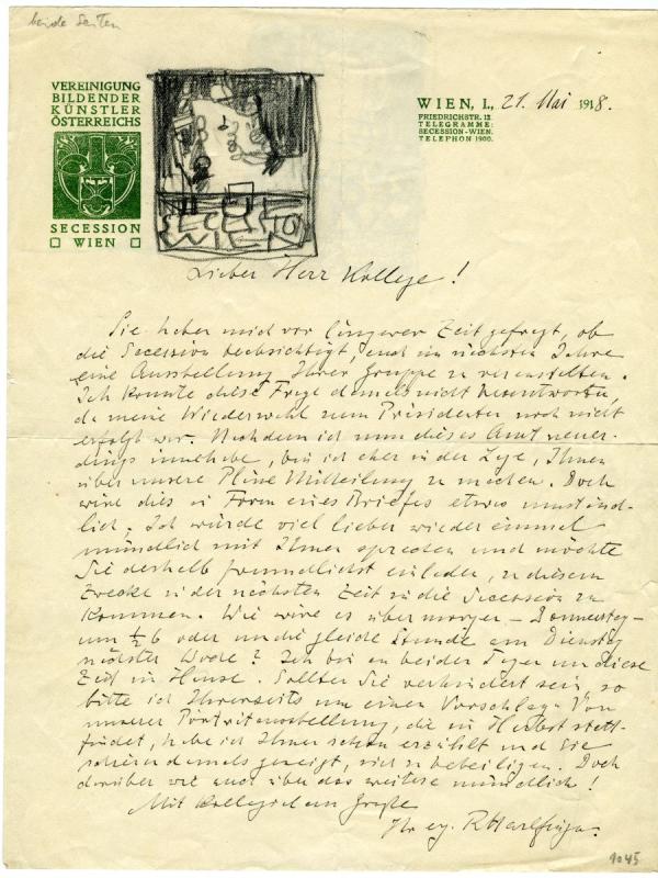 Letter from Richard Harlfinger/Vienna Secession to Egon Schiele, with drafts by Schiele by his own hand 