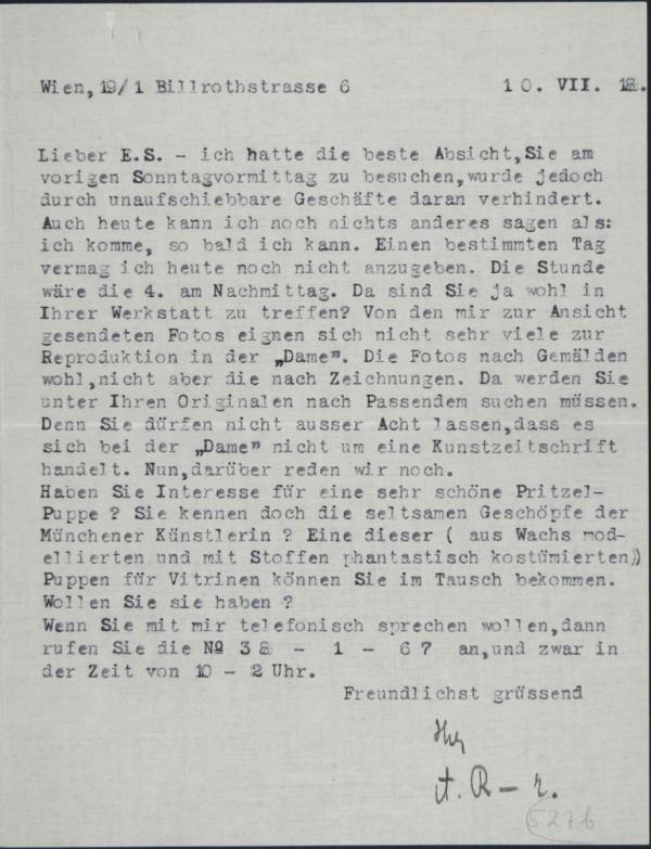 Maschinenschriftlicher Brief von Arthur Roessler an Egon Schiele 