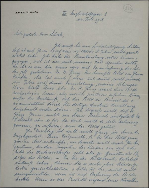 Letter from Xaver B. Gmür to Egon Schiele 