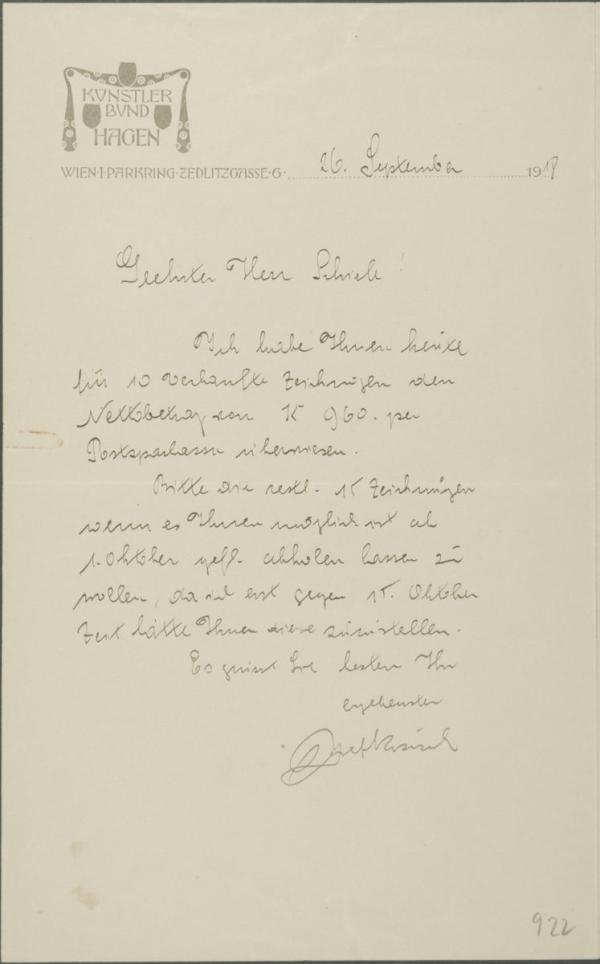 Letter from Josef Krzicek/Hagenbund to Egon Schiele 