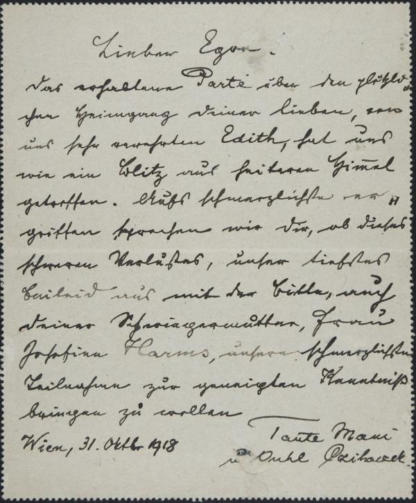 Kondolenzschreiben von Marie und Leopold Czihaczek an Egon Schiele zum Tod von Edith Schiele 