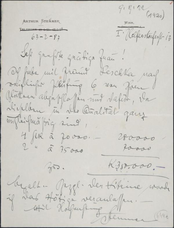 Letter from Arthur Stemmer to Marie Schiele 