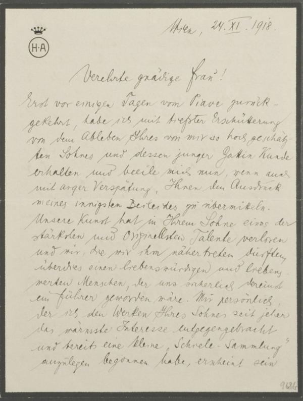 Kondolenzschreiben von Hans Ankwicz-Kleehoven an Marie Schiele zum Tod von Egon und Edith Schiele 