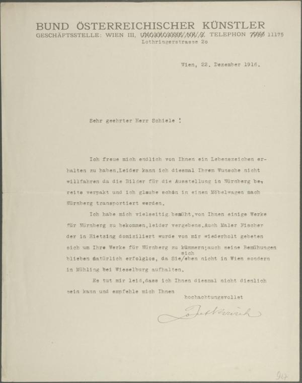 Maschinenschriftlicher Brief vom Bund österreichischer Künstler (Sekretär Josef Krzizek) an Egon Schiele 