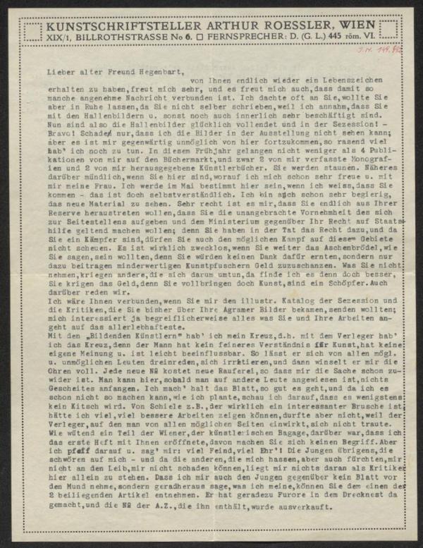 Typewritten letter from Arthur Roessler to Fritz Hegenbarth 
