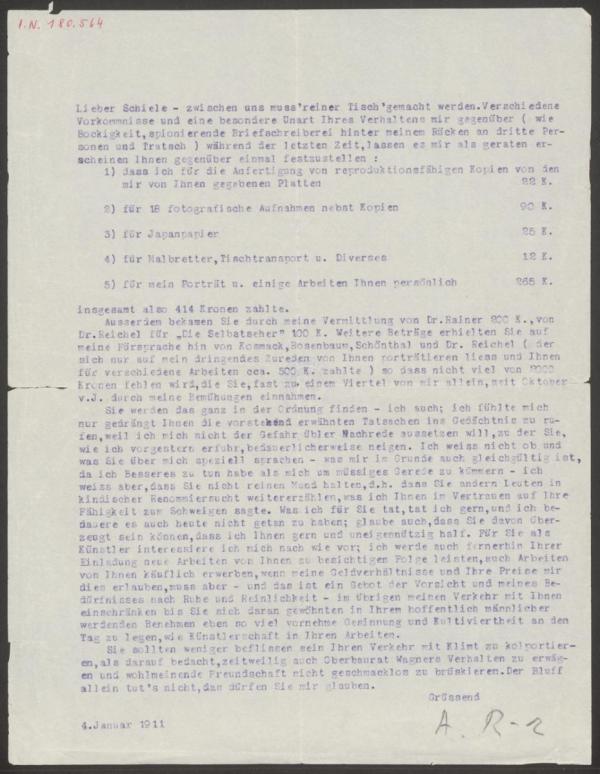 Maschinenschriftlicher Brief von Arthur Roessler an Egon Schiele 