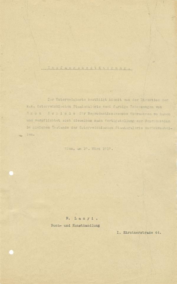 Maschinenschriftliche Empfangsbestätigung der k. k. Österreichischen Staatsgalerie an Richard Lányi 