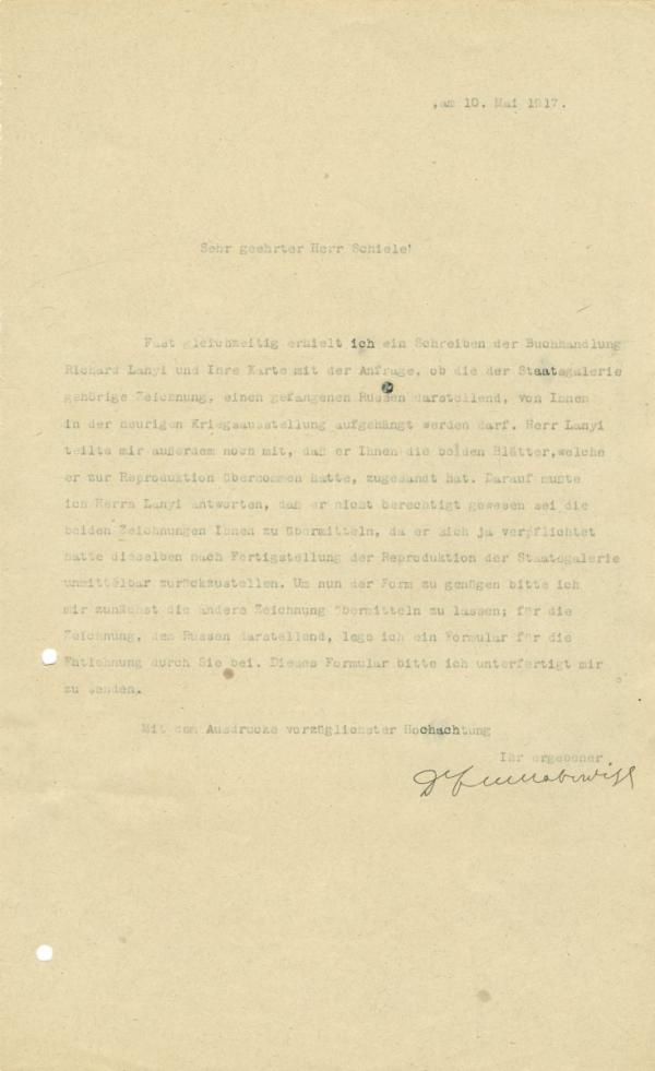 Maschinenschriftlicher Brief von Franz Martin Haberditzl an Egon Schiele (Durchschlag) 