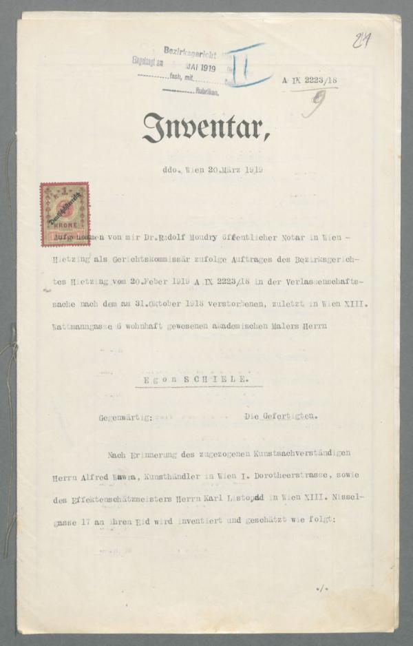 Settlement of the estate of Egon Schiele – inventoriy 
