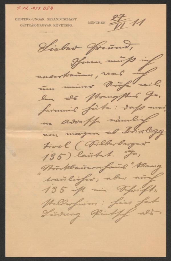 Letter from Wilderich Rheinfelder to Arthur Roessler 