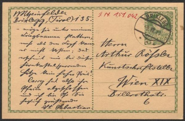 Postkarte von Wilderich Rheinfelder an Arthur Roessler Bild 2