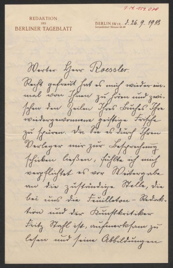 Brief von Anna Plothow an Arthur Roessler 