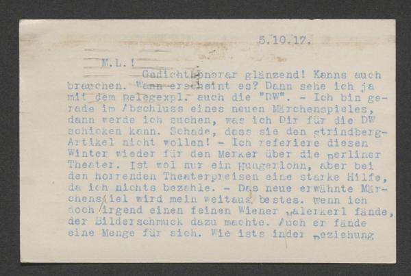 Postkarte von Karl von Felner an Arthur Roessler 