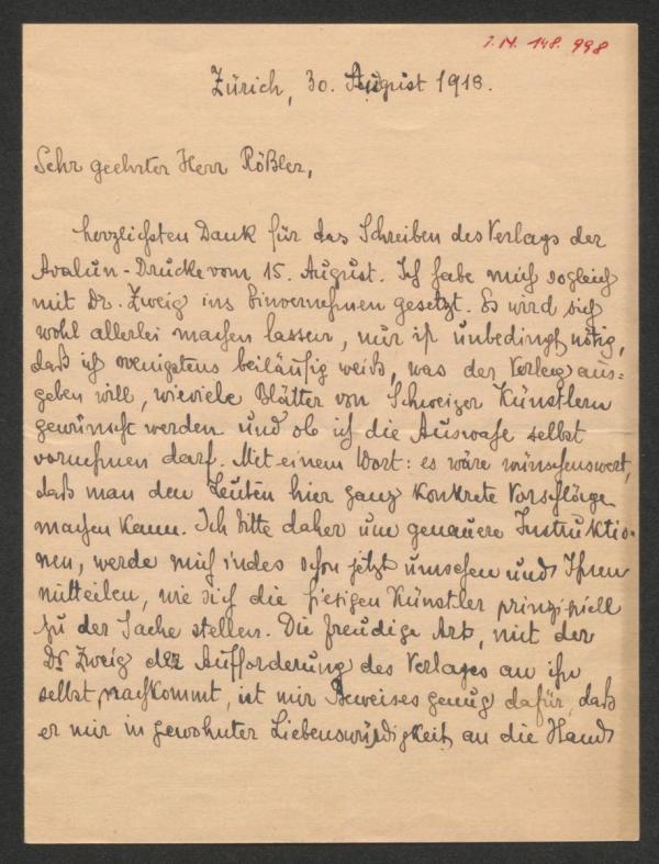 Brief von Erwin Rieger an Arthur Roessler 