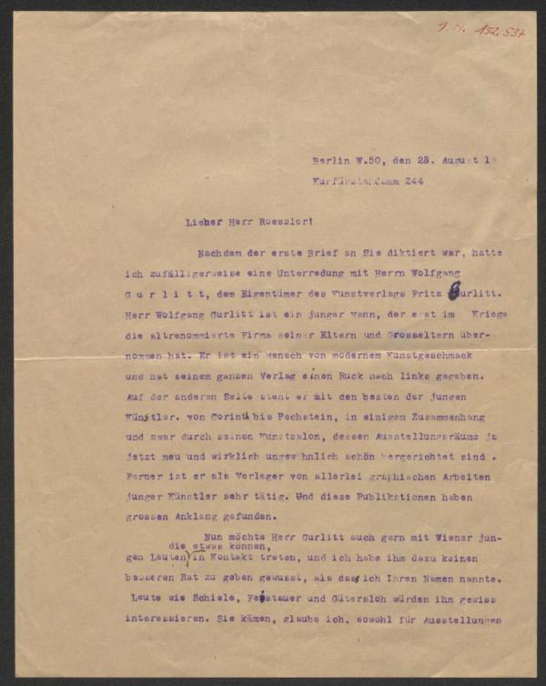 Brief von Stefan Großmann an Arthur Roessler 