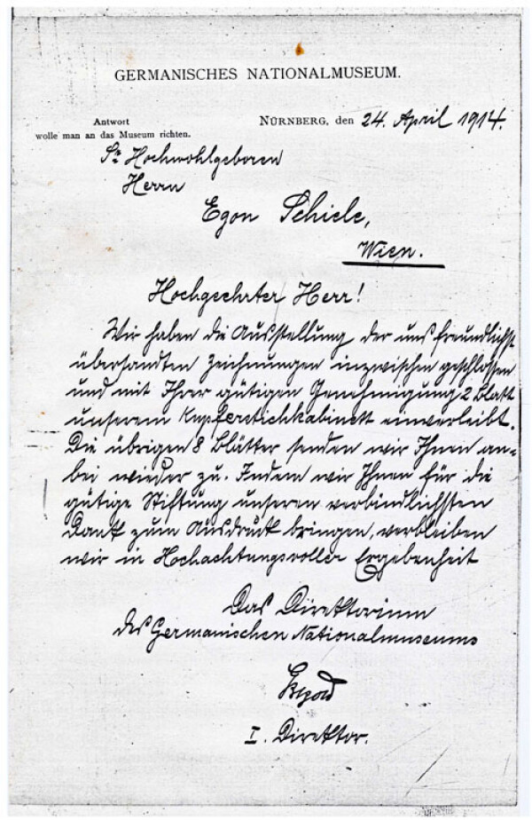 Brief von Gustav von Bezold/Germanisches Nationalmuseum an Egon Schiele