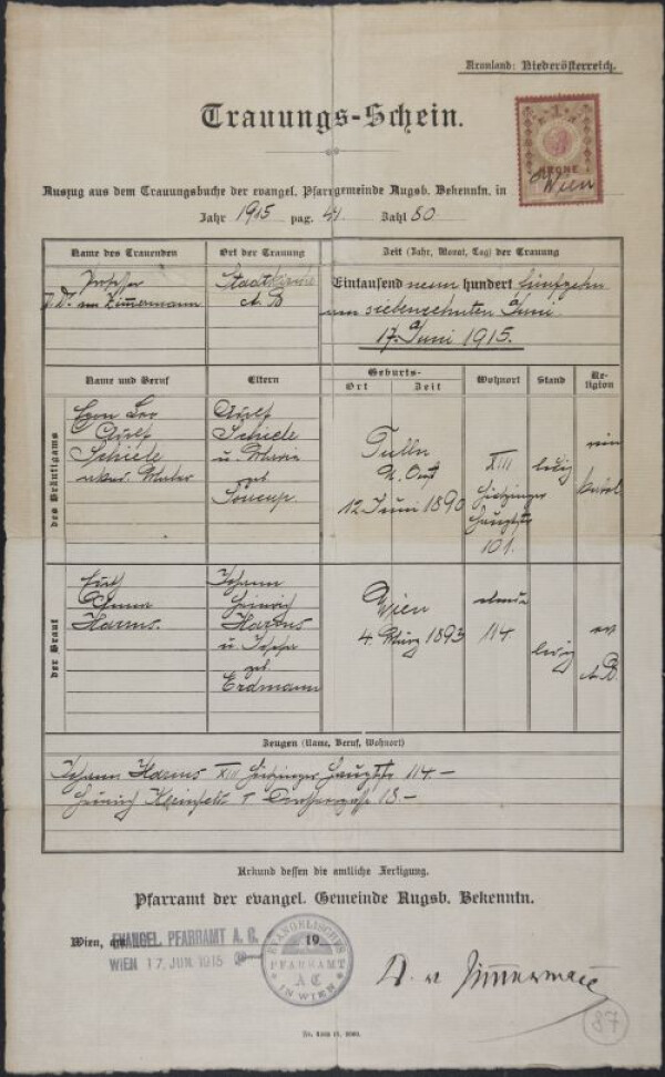 Trauungsschein von Edith Harms und Egon Schiele Bild 1