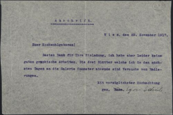 Transcript of a letter from Egon Schiele to an unknown recipient 