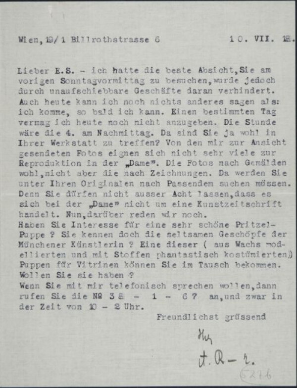 Maschinenschriftlicher Brief von Arthur Roessler an Egon Schiele Bild 1